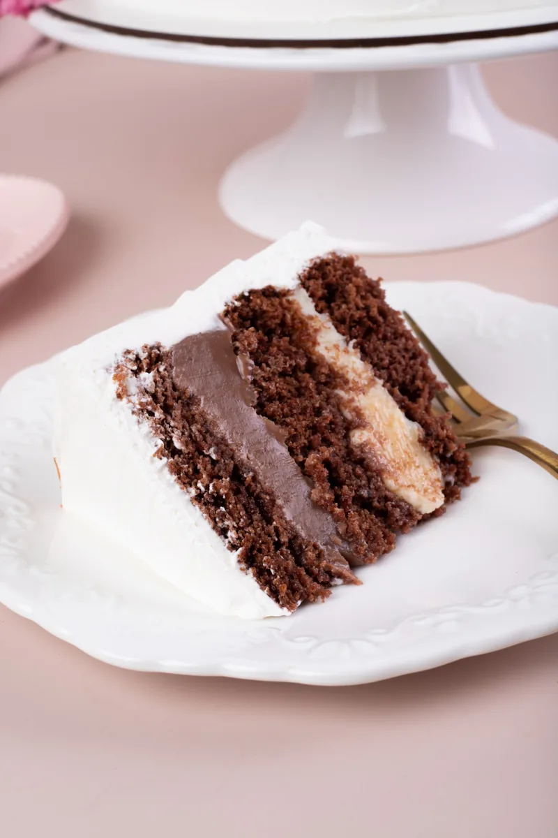 Fatia de bolo de chocolate em prato branco